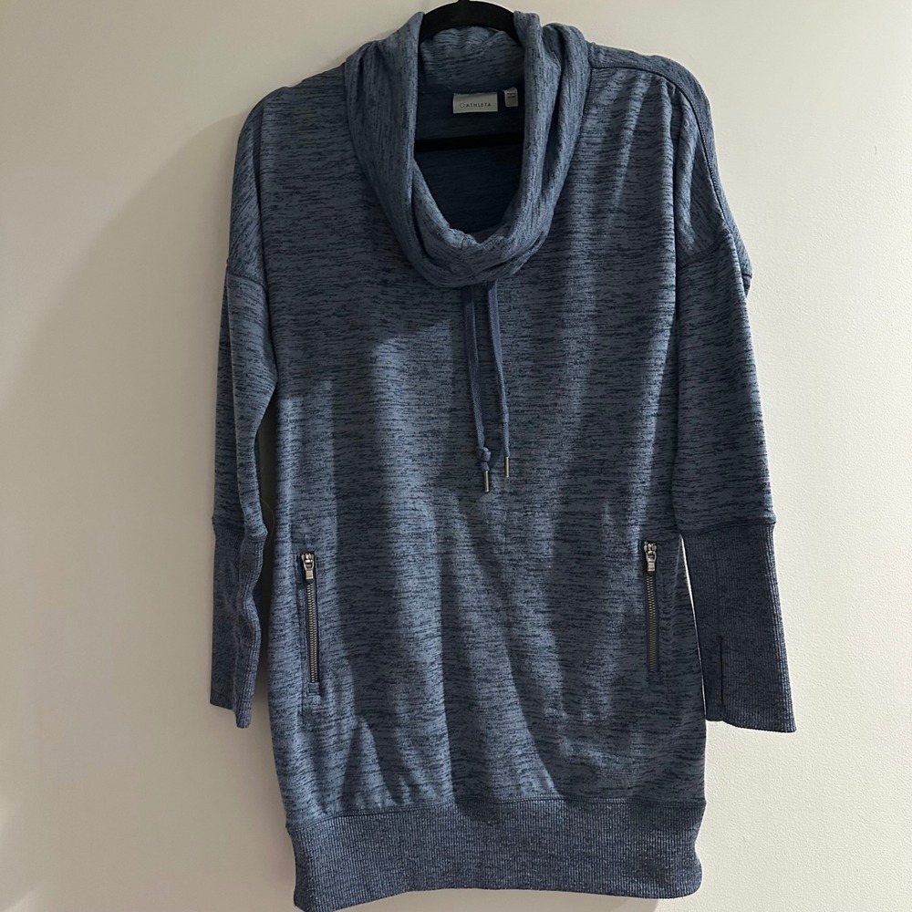 Athleta Blue Heathered Cowl Neck Zip Pocket Tunic Sweatshirt
